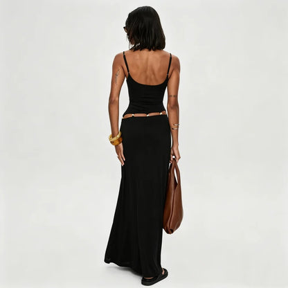 Black Cutout Maxi Dress with Beaded Waist Detail