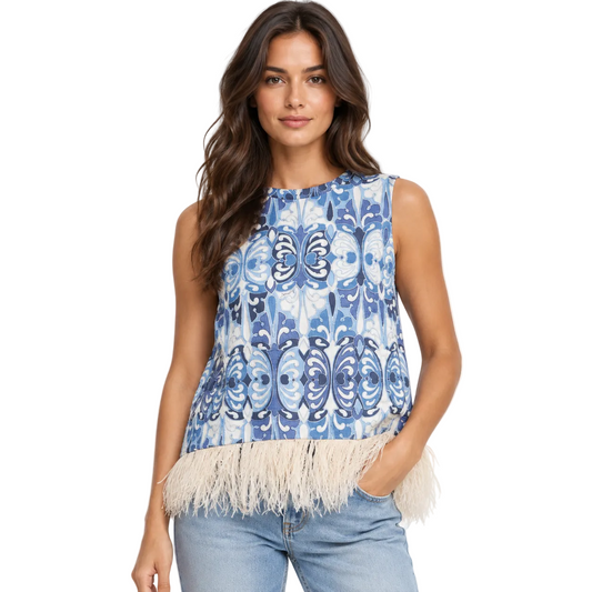 Blue Ornamental Print Sleeveless Top with Feather-Trim Hem