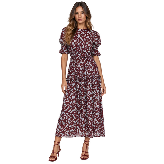Burgundy Floral Ruffle-Sleeve Maxi Dress