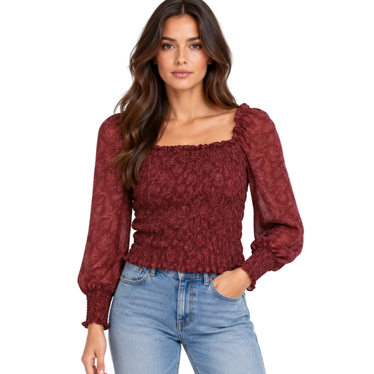 Burgundy Floral Smocked Blouse with Puff Sleeves