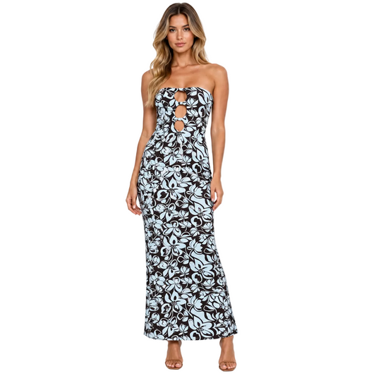 Black and White Floral Strapless Maxi Dress with Front Cutouts