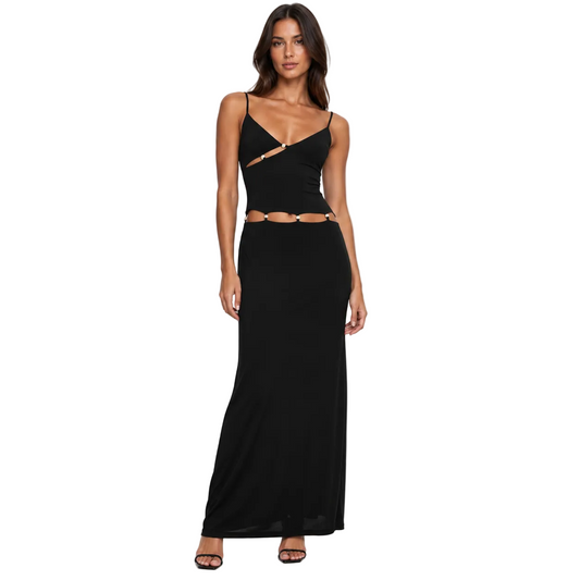 Black Cutout Maxi Dress with Beaded Waist Detail