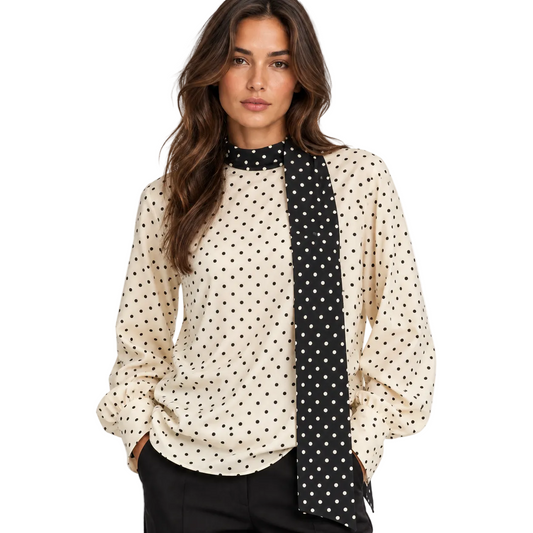 Ivory Polka-Dot Blouse with Contrast Scarf Neck