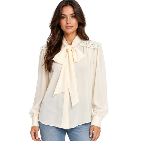 Ivory Tie-Neck Blouse with Lace Shoulder Panels