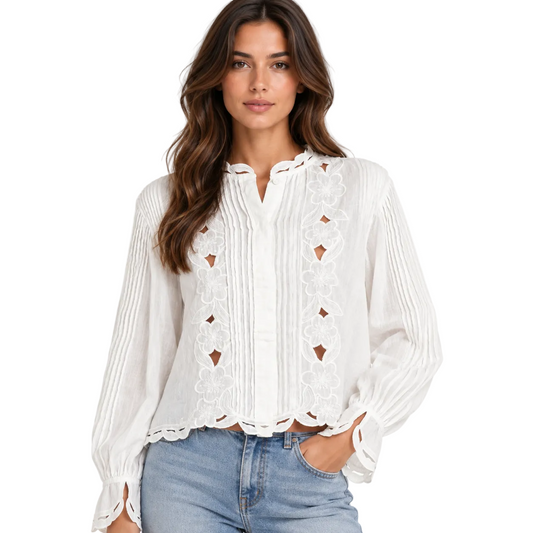 White Embroidered Blouse with Pintuck Detailing