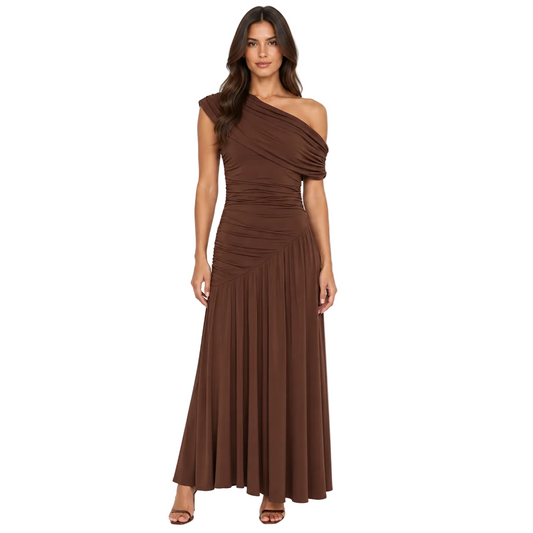 Chocolate Brown Ruched One-Shoulder Maxi Dress