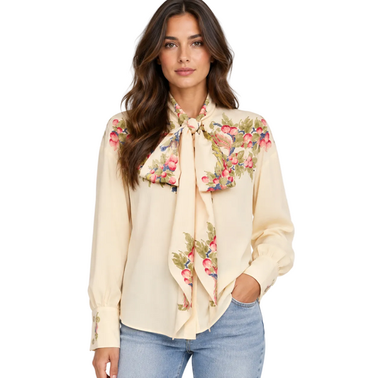 Cream Floral Tie-Neck Blouse with Long Sleeves