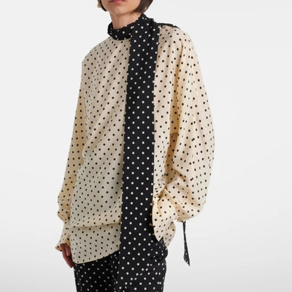 Ivory Polka-Dot Blouse with Contrast Scarf Neck