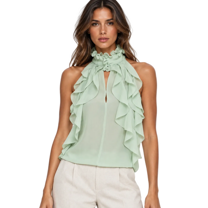 Mint Green Ruffle-Trim Halter Blouse