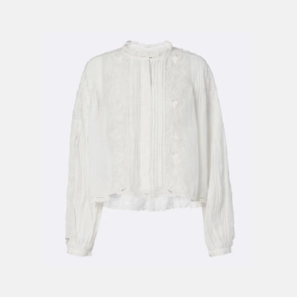 White Embroidered Blouse with Pintuck Detailing