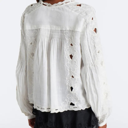 White Embroidered Blouse with Pintuck Detailing