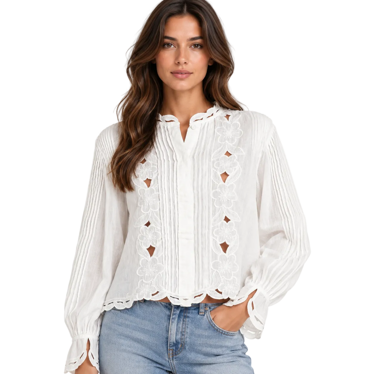White Embroidered Blouse with Pintuck Detailing