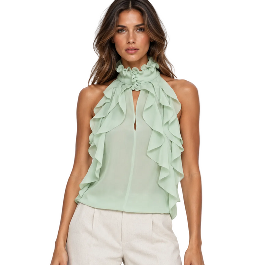 Mint Green Ruffle-Trim Halter Blouse