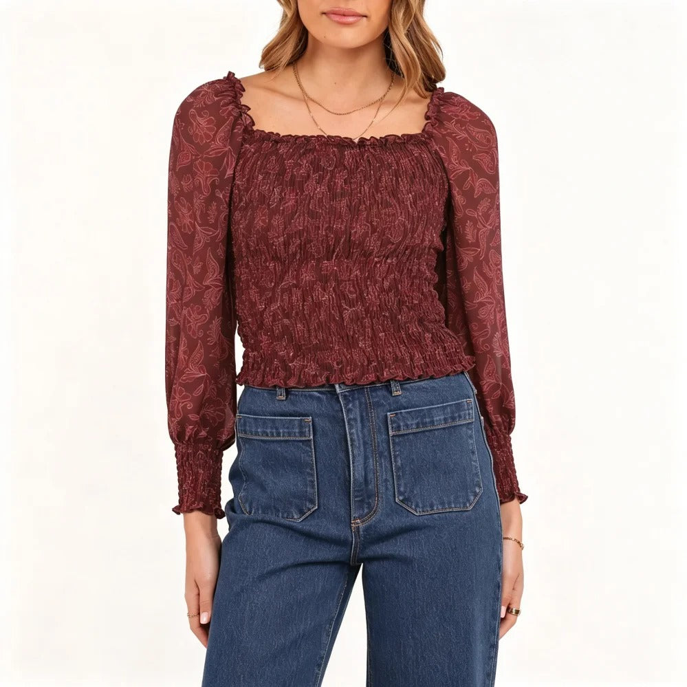 Burgundy Floral Smocked Blouse with Puff Sleeves
