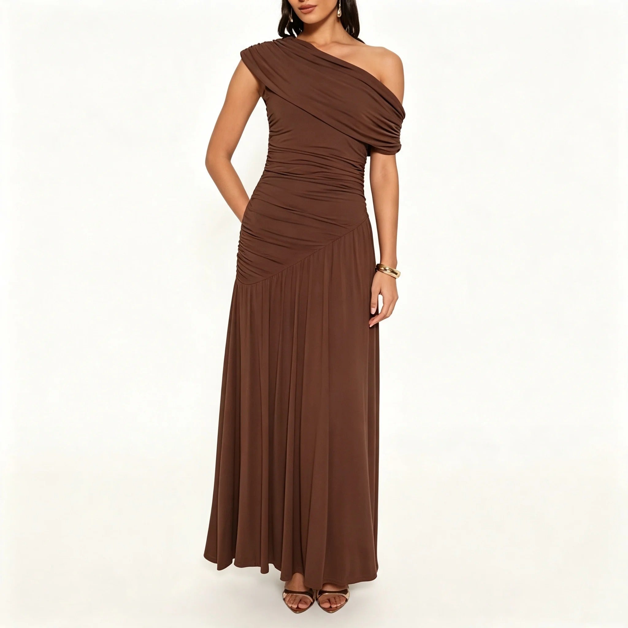 Chocolate Brown Ruched One-Shoulder Maxi Dress