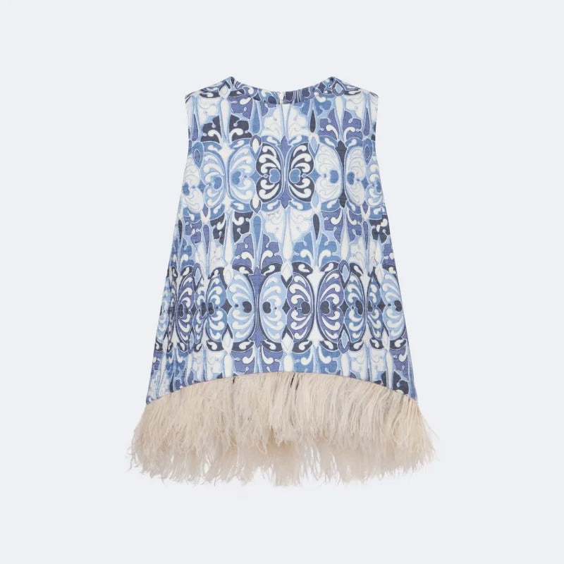 Blue Ornamental Print Sleeveless Top with Feather-Trim Hem