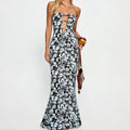Black and White Floral Strapless Maxi Dress with Front Cutouts