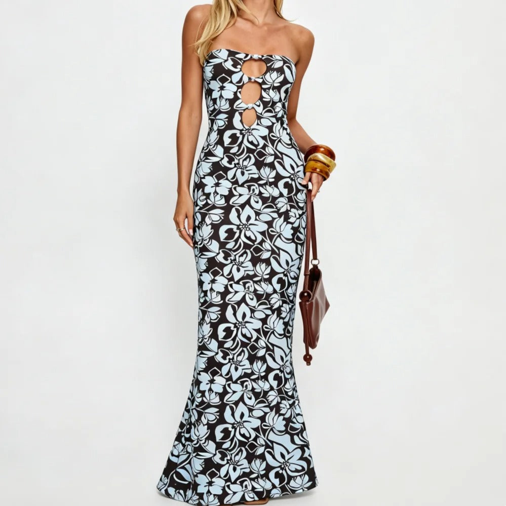 Black and White Floral Strapless Maxi Dress with Front Cutouts