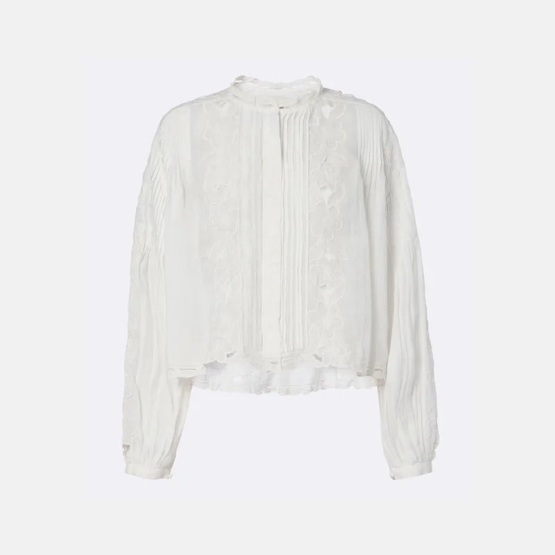 White Embroidered Blouse with Pintuck Detailing