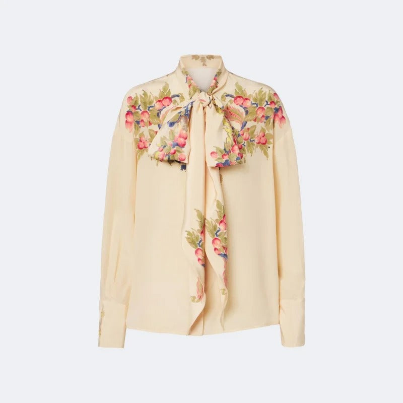 Cream Floral Tie-Neck Blouse with Long Sleeves