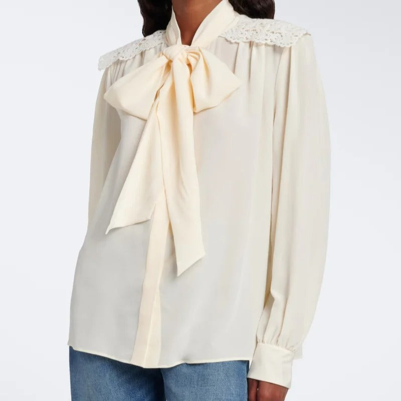 Ivory Tie-Neck Blouse with Lace Shoulder Panels