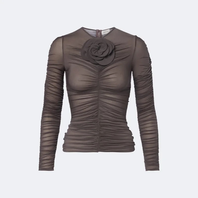 Taupe Ruched Long-Sleeve Top with Floral Appliqué
