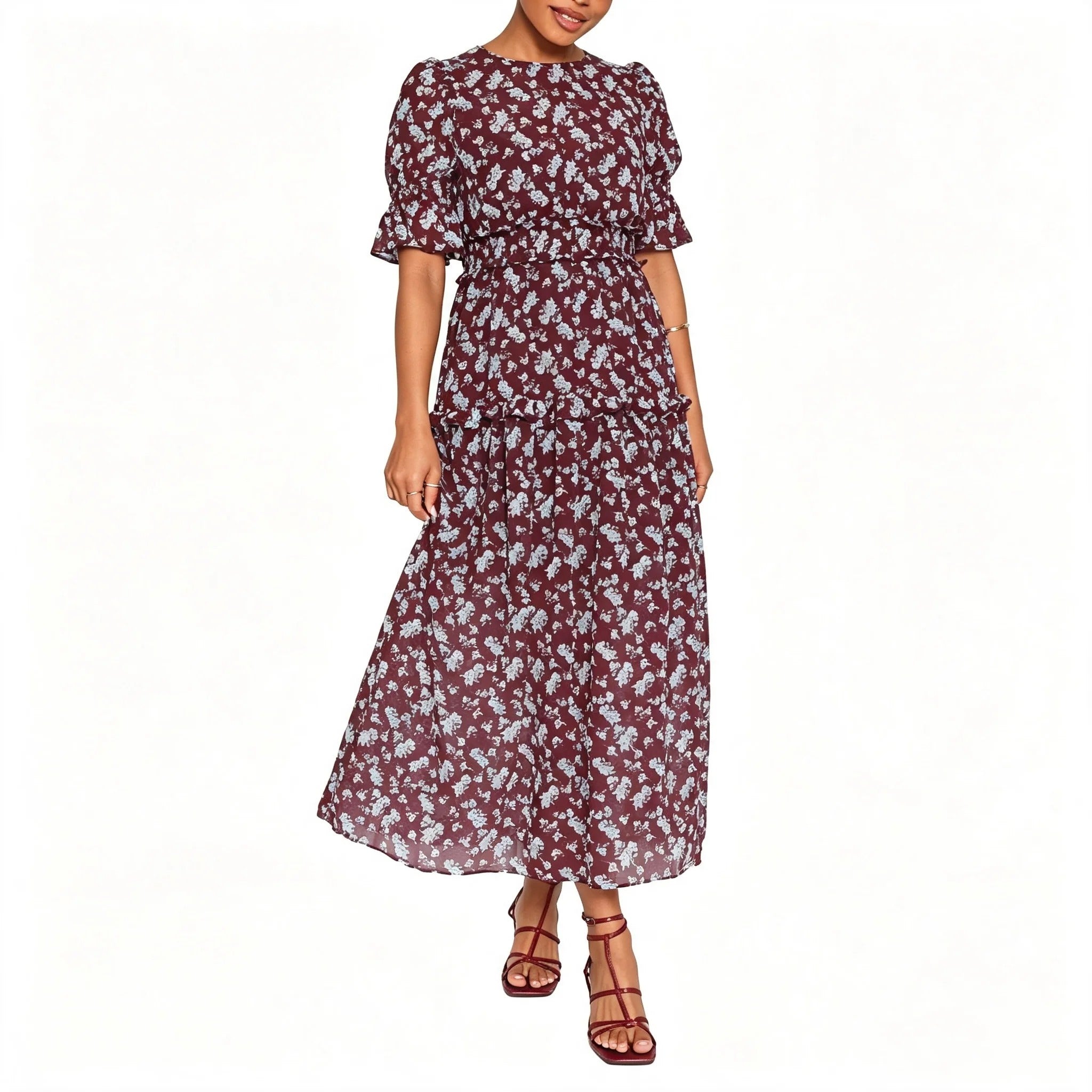 Burgundy Floral Ruffle-Sleeve Maxi Dress