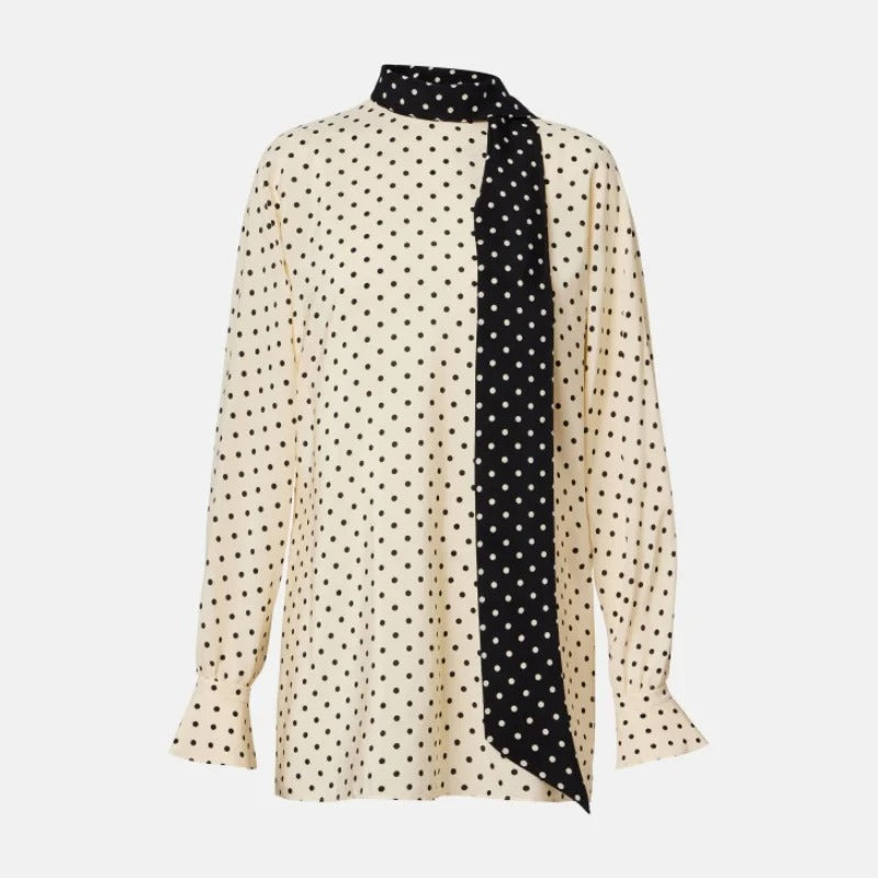 Ivory Polka-Dot Blouse with Contrast Scarf Neck