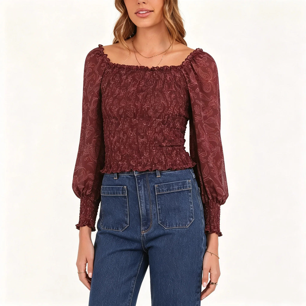 Burgundy Floral Smocked Blouse with Puff Sleeves