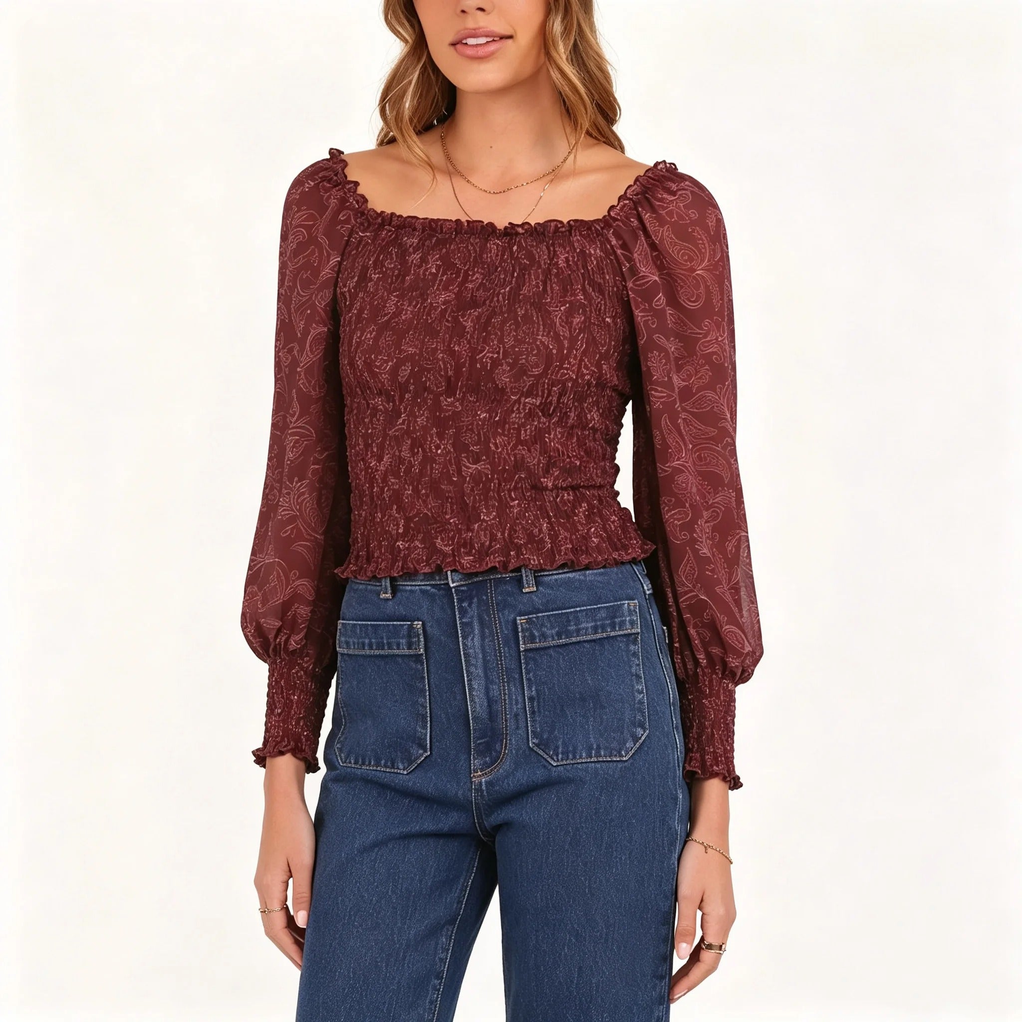Burgundy Floral Smocked Blouse with Puff Sleeves