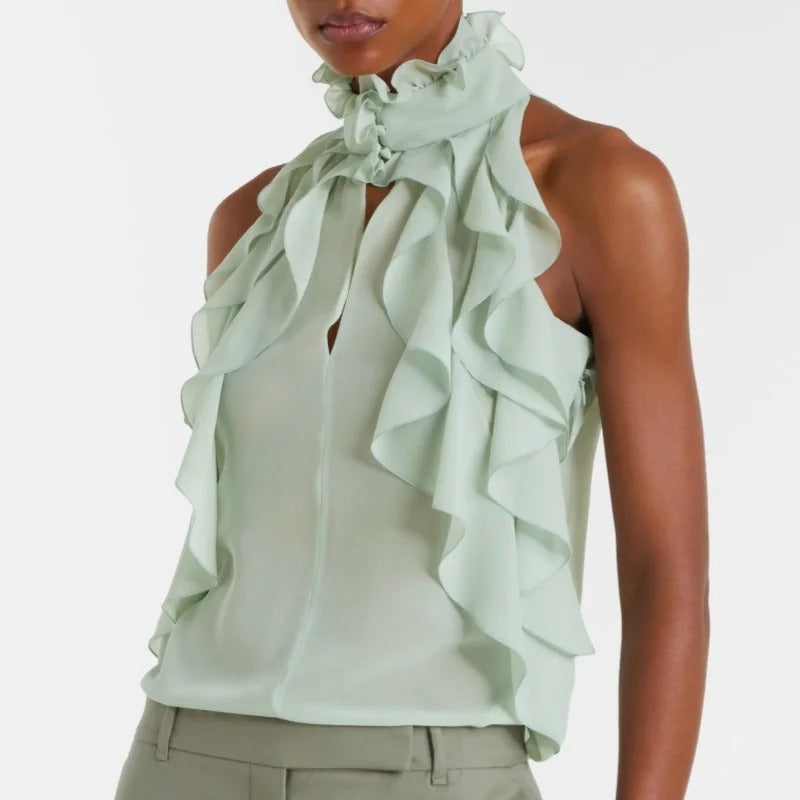 Mint Green Ruffle-Trim Halter Blouse
