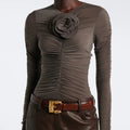 Taupe Ruched Long-Sleeve Top with Floral Appliqué
