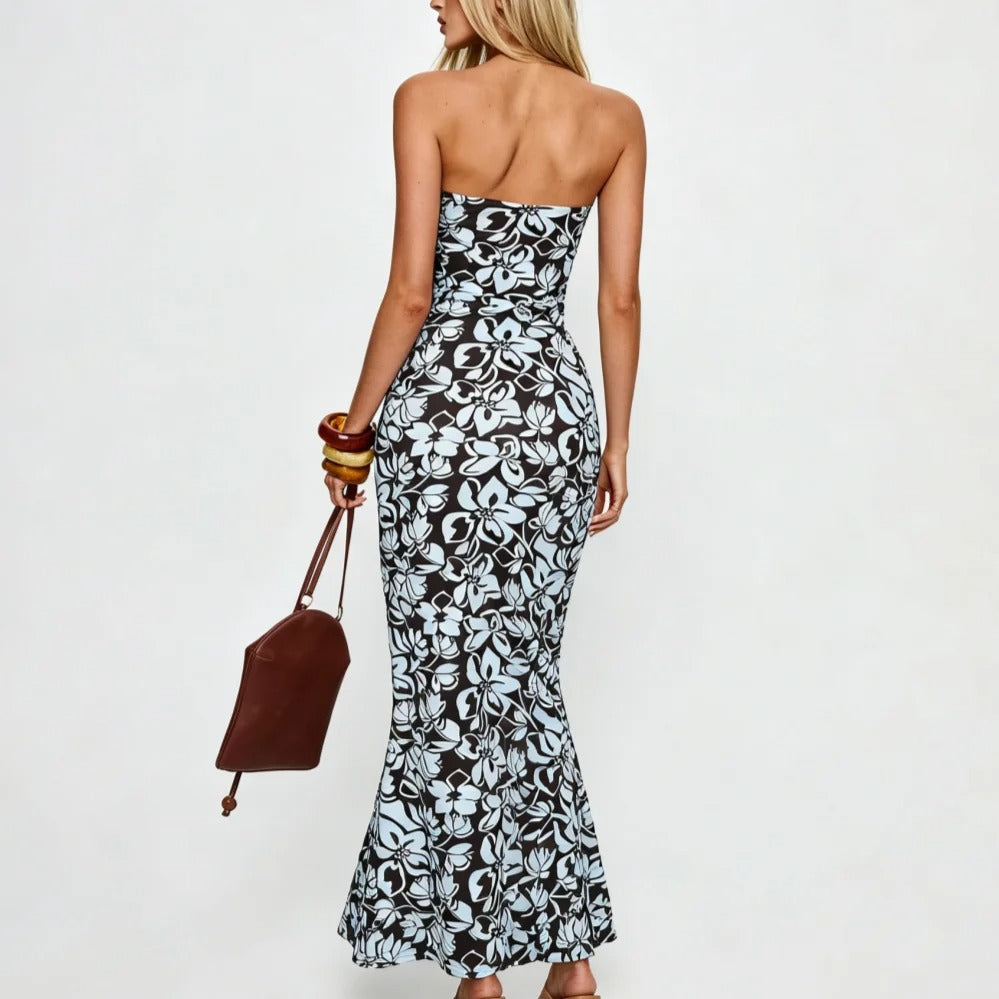 Black and White Floral Strapless Maxi Dress with Front Cutouts