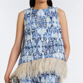 Blue Ornamental Print Sleeveless Top with Feather-Trim Hem
