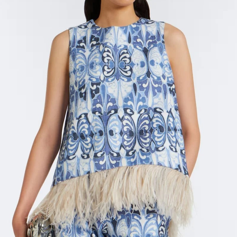 Blue Ornamental Print Sleeveless Top with Feather-Trim Hem