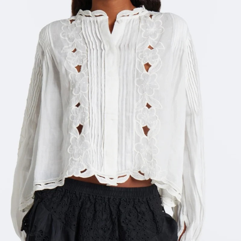 White Embroidered Blouse with Pintuck Detailing