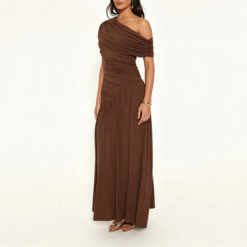 Chocolate Brown Ruched One-Shoulder Maxi Dress
