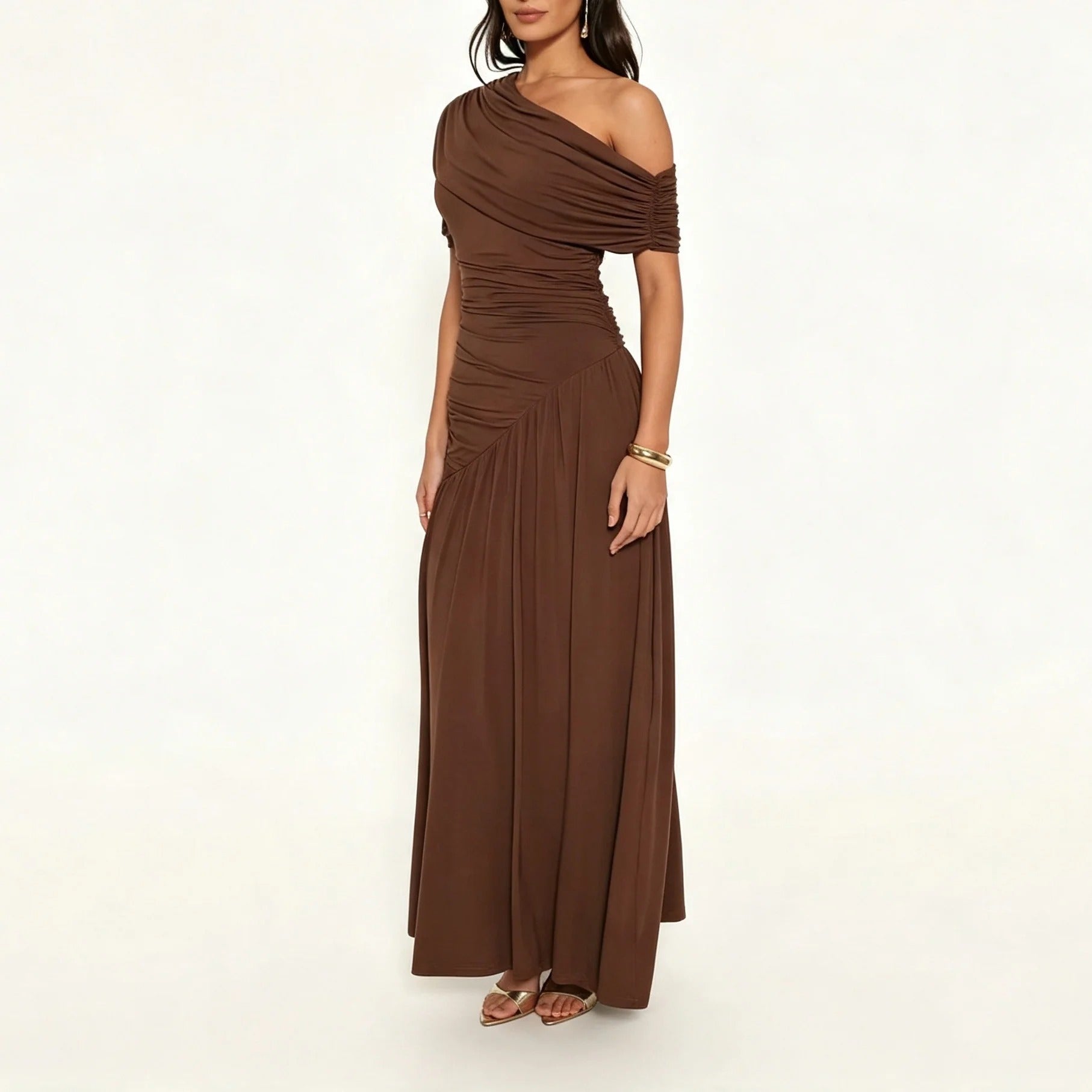 Chocolate Brown Ruched One-Shoulder Maxi Dress