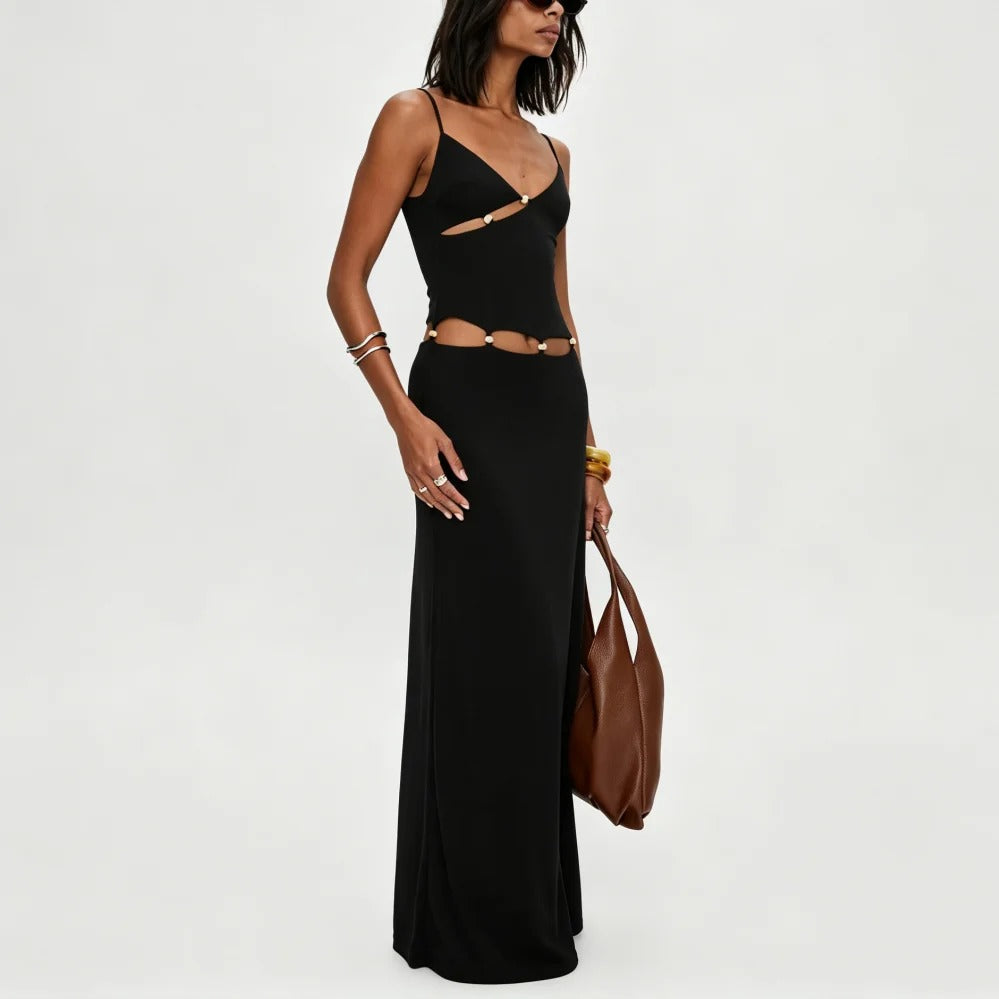 Black Cutout Maxi Dress with Beaded Waist Detail