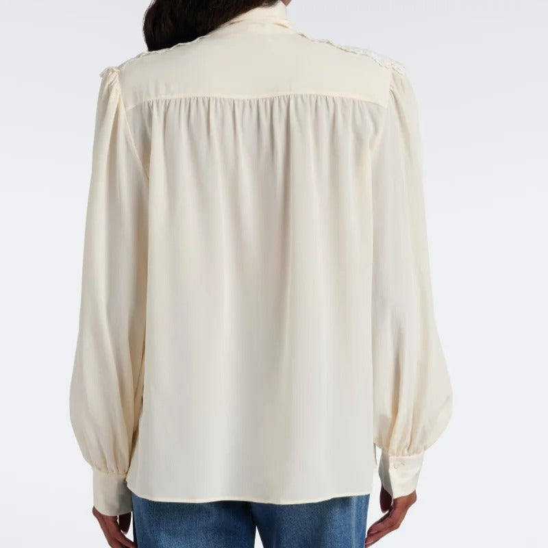 Ivory Tie-Neck Blouse with Lace Shoulder Panels