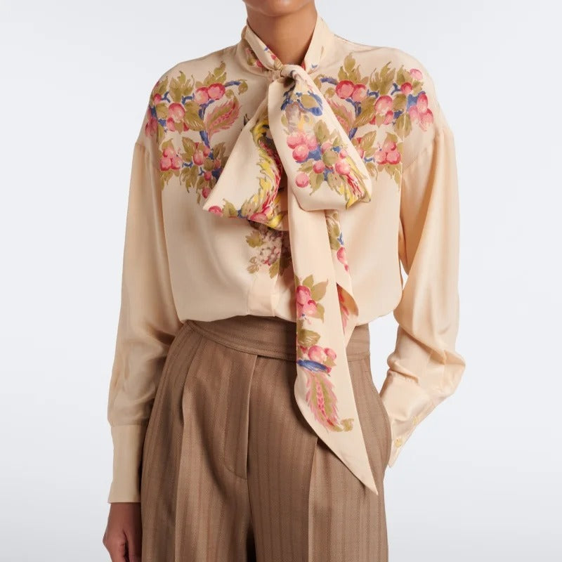 Cream Floral Tie-Neck Blouse with Long Sleeves
