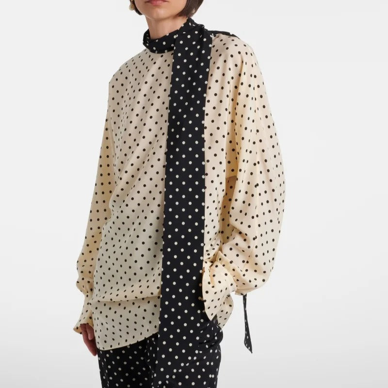 Ivory Polka-Dot Blouse with Contrast Scarf Neck