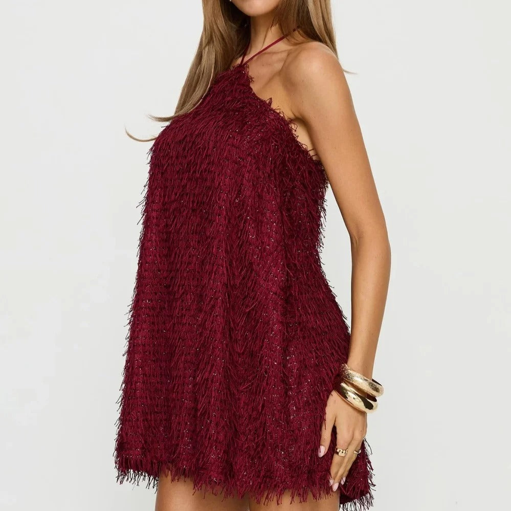 Burgundy Textured Halter Mini Dress