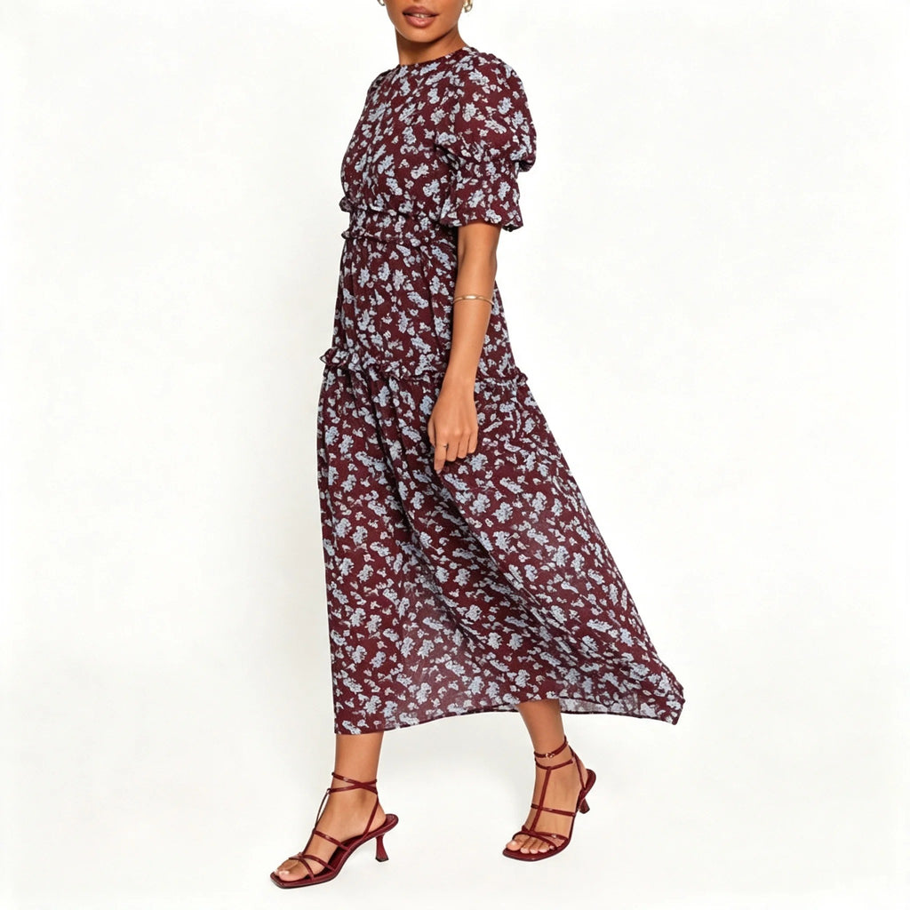 Burgundy Floral Ruffle-Sleeve Maxi Dress