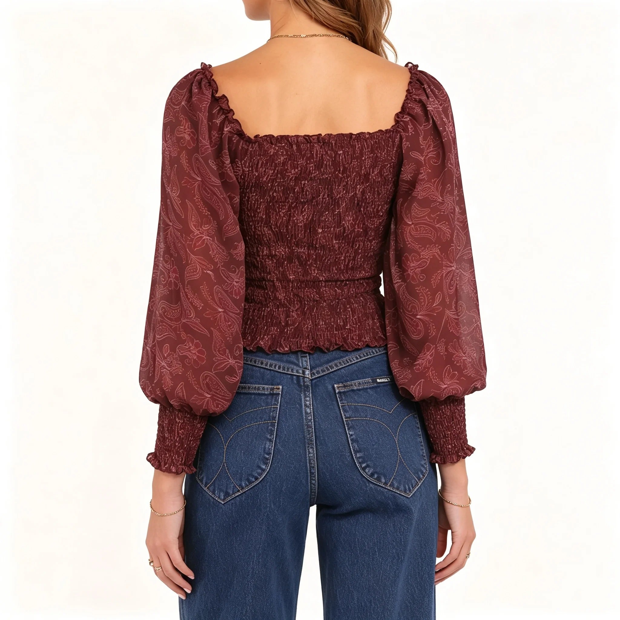 Burgundy Floral Smocked Blouse with Puff Sleeves