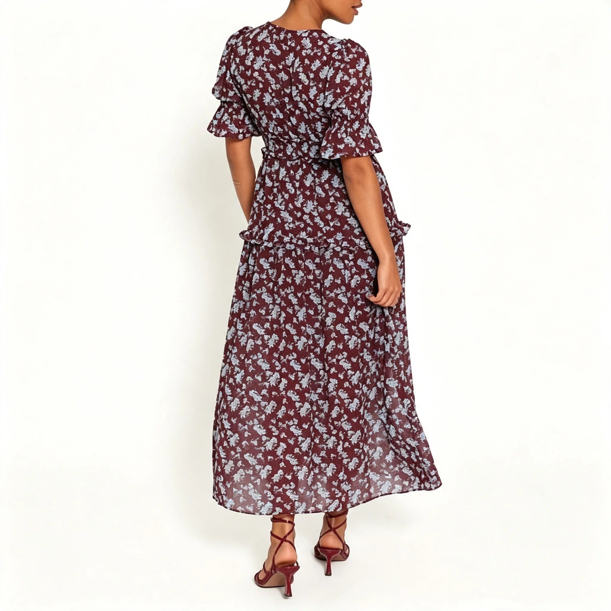 Burgundy Floral Ruffle-Sleeve Maxi Dress