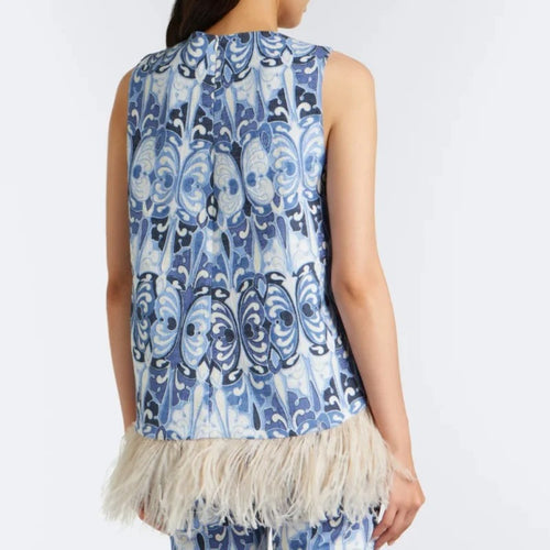 Blue Ornamental Print Sleeveless Top with Feather-Trim Hem