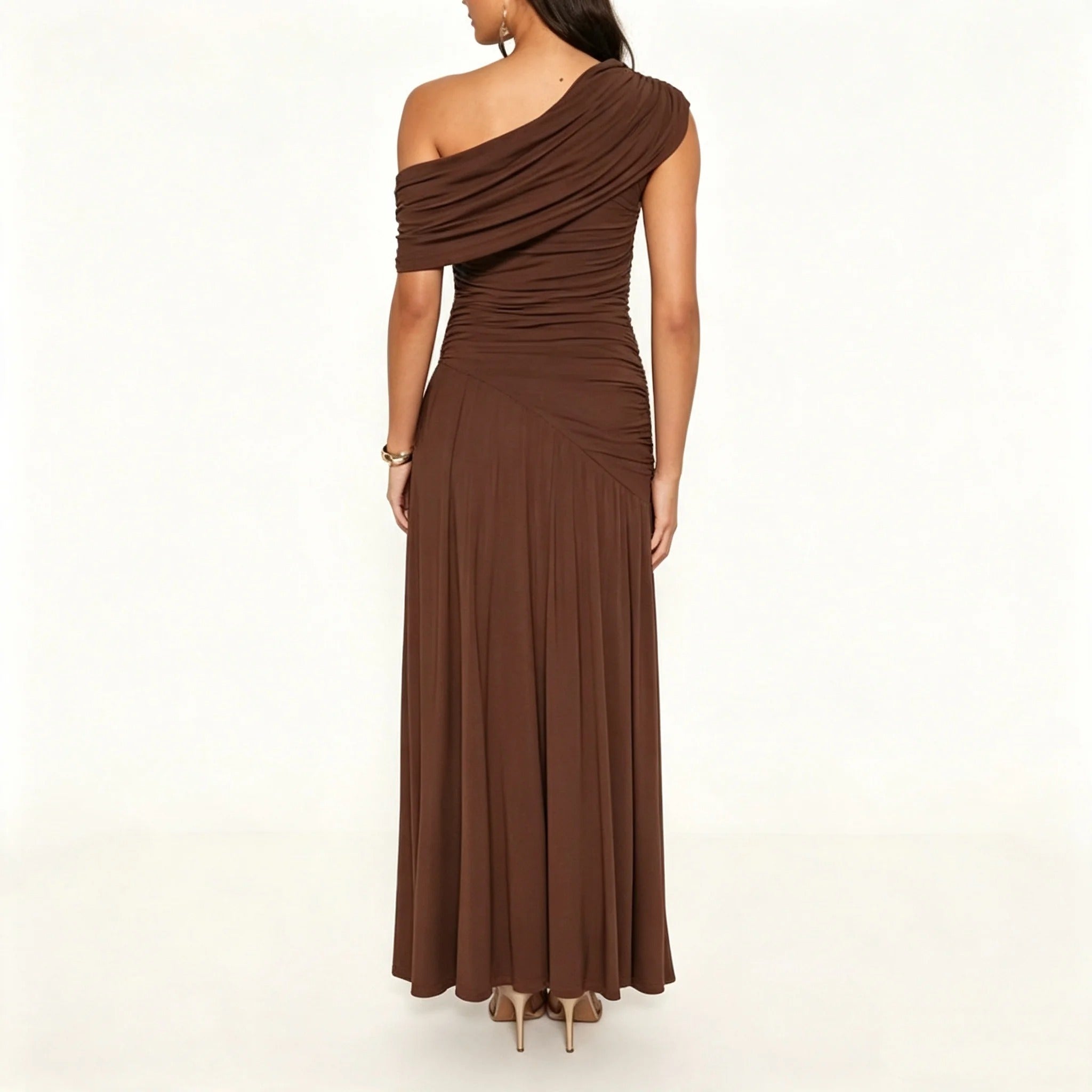 Chocolate Brown Ruched One-Shoulder Maxi Dress