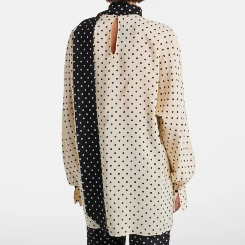 Ivory Polka-Dot Blouse with Contrast Scarf Neck