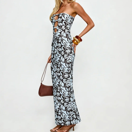 Black and White Floral Strapless Maxi Dress with Front Cutouts